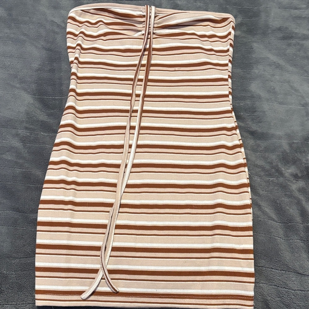 SHEIN Strapless Dress in Brown and Cream Stripes